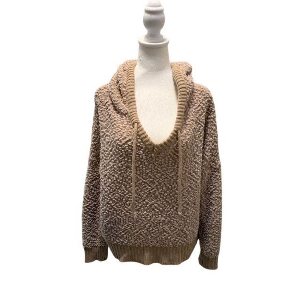 POL Womens Popcorn Knit Hoodie Medium Tan V Neck Pullover Boho Cozy Sweater M